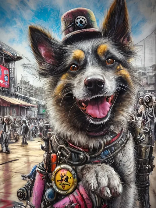 Prompt: Detailed happy dog at a circus, post-apocalyptic Japan festival, sketch, chalk pastel, detailed planes, grunge, highres, abstract, natural lighting, lively atmosphere, fun, vibrant, happy-go-lucky, detailed dogs, detailed eyes, detailed fur, festive, flying, post-apocalyptic, Japan, sketch art, chalk pastel, detailed background, grunge style, abstract art, high quality, natural lighting