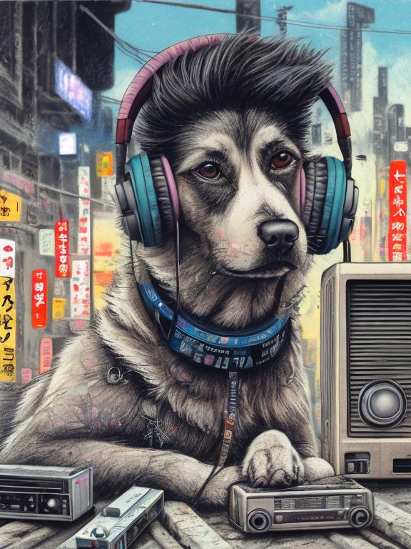 Prompt: chalk pastel art of a detailed dog listening to music on a tape player on the streets in post-apocalyptic Japan during a festival with planes in the background, sketch, detailed background, highres, fun atmosphere, natural lighting,  abstract, fun