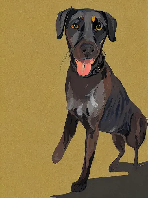 Prompt: mountain cur black dog in clothes abstract art