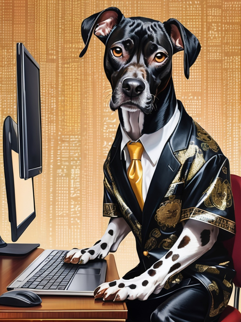 Prompt: all black mountain cur dog dressed as yakuza working on a laptop in an office hacking