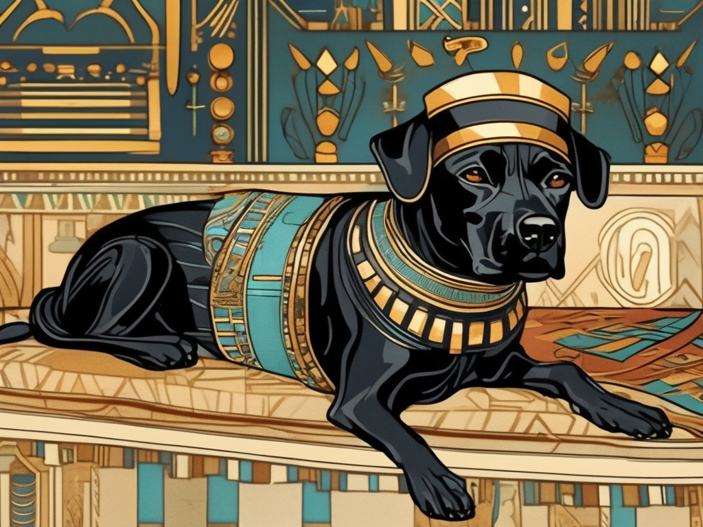 Prompt: Art Nouveau style black dog in egyptian clothing