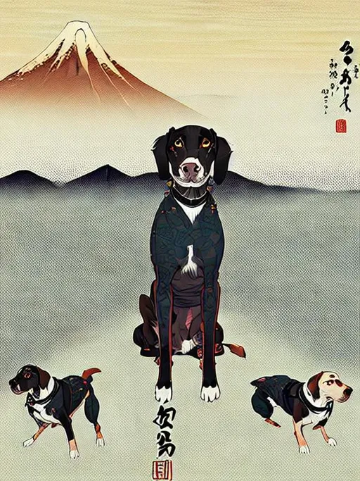 Prompt: black mountain cur dogs pooping in hiroshige wave 