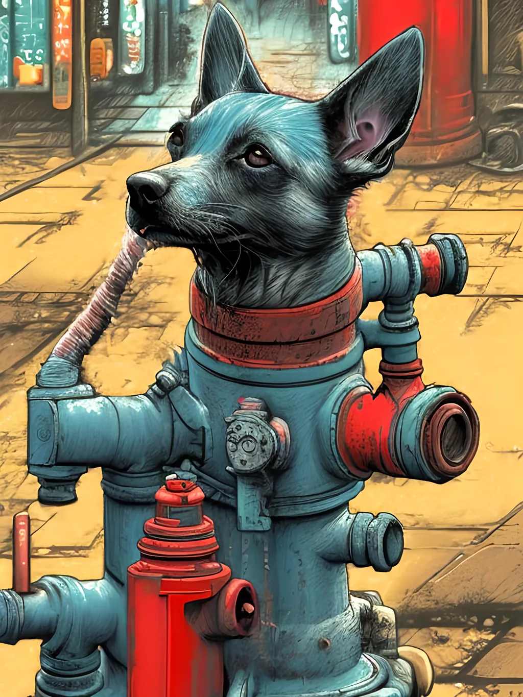 Prompt: pop art chalk pastel art of detailed dog taking a piss on a fire hydrant in cyberpunk japan during a festival, sketch, detailed background, highres, fun atmosphere, natural lighting,  abstract, fun