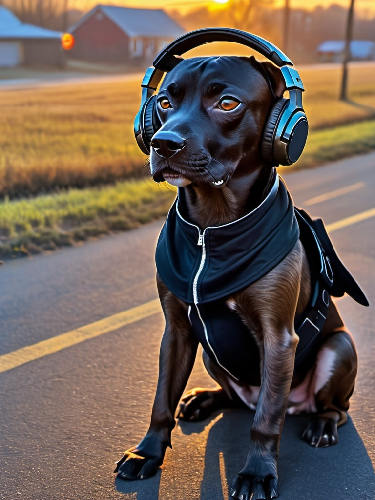 Prompt: all black mountain cur dog cyber punk ninja with headphones in sun set