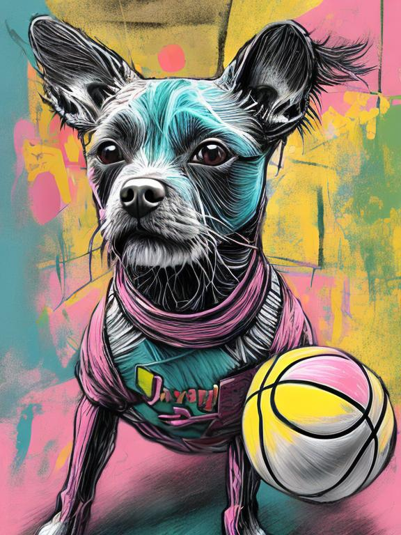 Prompt: pop art chalk pastel art of detailed dog at a basket ball game in cyberpunk japan, sketch, detailed background, highres, fun atmosphere, natural lighting,  abstract, fun