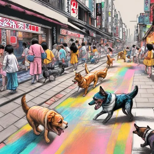 Prompt: pop art chalk pastel art of detailed dogs playing in the streets in japan during a festival, sketch, detailed background, highres, fun atmosphere, natural lighting,  abstract, fun