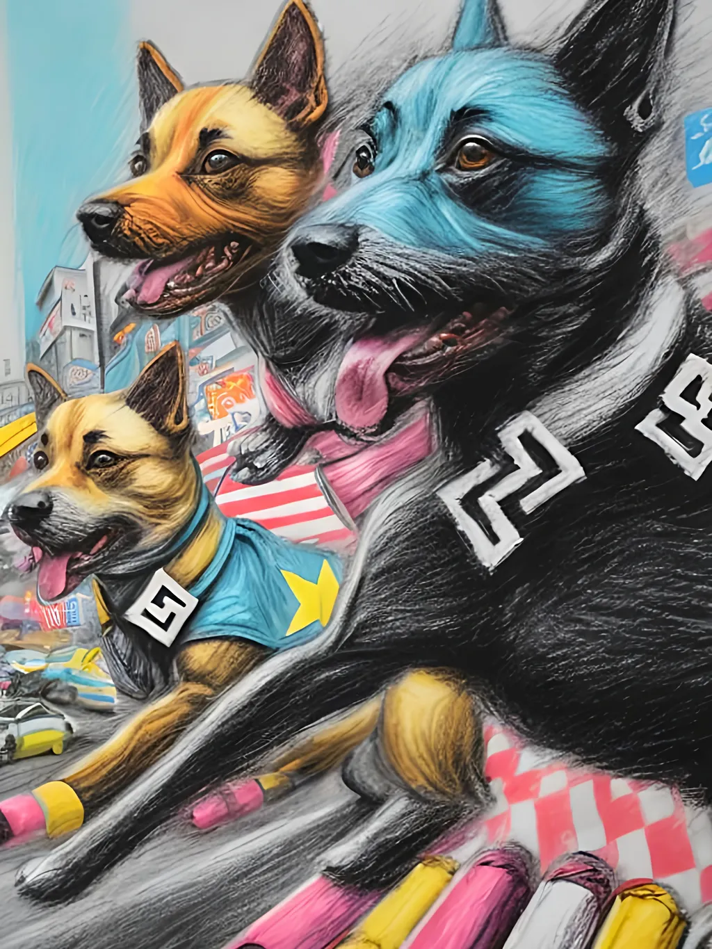 Prompt: pop art chalk pastel art of detailed dogs wearing nazi uniforms playing in the streets in japan during a festival, sketch, detailed background, highres, fun atmosphere, natural lighting,  abstract, fun