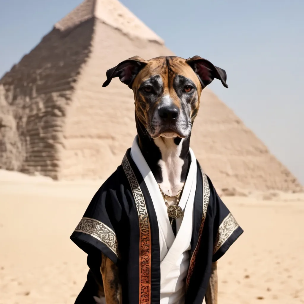 Prompt: black mountain cur dog dressed as yakuza in egypt