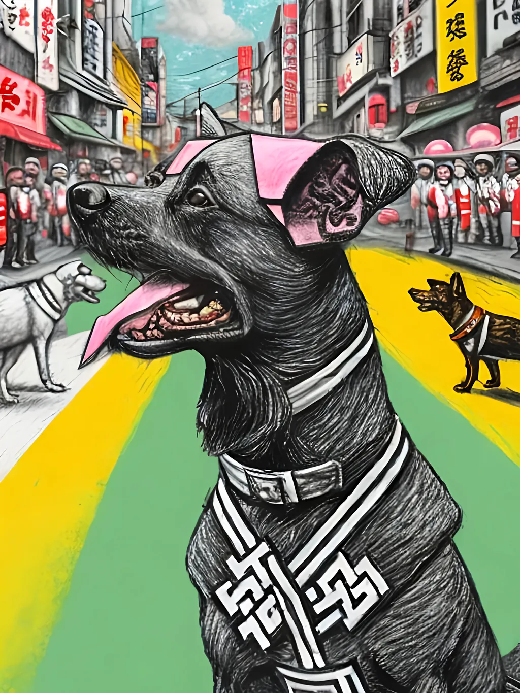 Prompt: pop art chalk pastel art of detailed dogs wearing nazi uniforms playing in the streets in japan during a festival, sketch, detailed background, highres, fun atmosphere, natural lighting,  abstract, fun