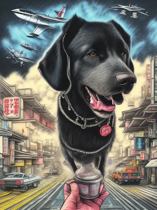 Prompt: pop art chalk pastel art of a detailed happy mountain cur black dog in the streets in cyberpunk Japan during a festival with planes in the background, sketch, detailed background, highres, fun atmosphere, natural lighting,  abstract, fun