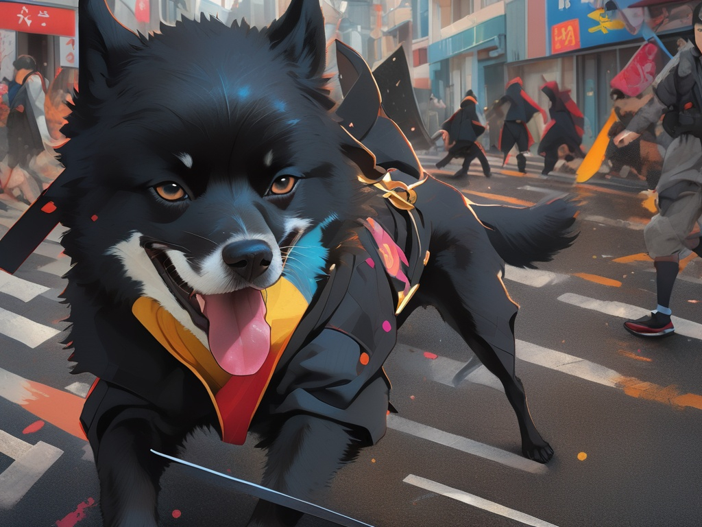 Prompt: black dog wearing ninja clothes having fun in the streets with a battle in the background, dogs, abstract art, Screen print, digital art, 8k resolution trending on Artstation, golden ratio, akira, rule of thirds, geometric bauhaus, Studio Ghibli, Anime Key Visual, by Makoto Shinkai, Deep Color, Intricate, 8k resolution concept art, Natural Lighting, Beautiful Composition