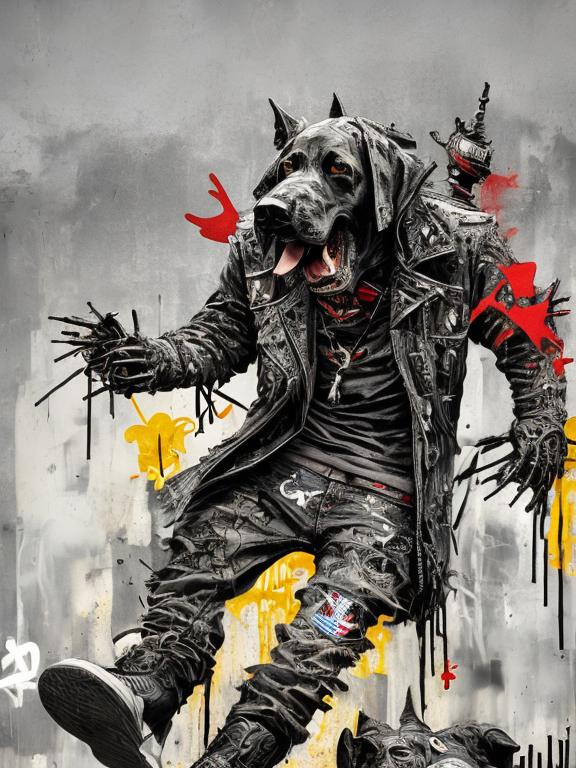 Prompt: Abstract art of a black dog in gangster punk clothes, graffiti, streets, patriotic, detailed, atmospheric lighting, intense battle in the background, highres, ultra-detailed, abstract, gangster punk, detailed clothing, patriotic theme, street graffiti, intense battle, atmospheric lighting