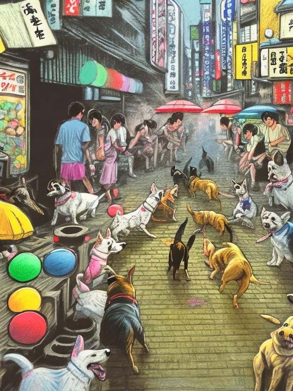 Prompt: pop art chalk pastel art of detailed dogs playing in the streets in japan during a festival, sketch, detailed background, highres, fun atmosphere, natural lighting,  abstract, fun