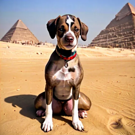 Prompt: black mountain cur dog dressed as yakuza in egypt