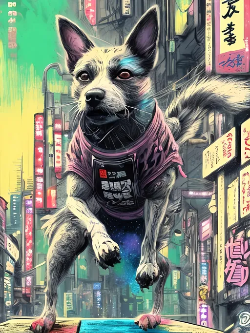 Prompt: pop art chalk pastel art of detailed dog doing parkour in cyberpunk japan during a festival, sketch, detailed background, highres, fun atmosphere, natural lighting,  abstract, fun