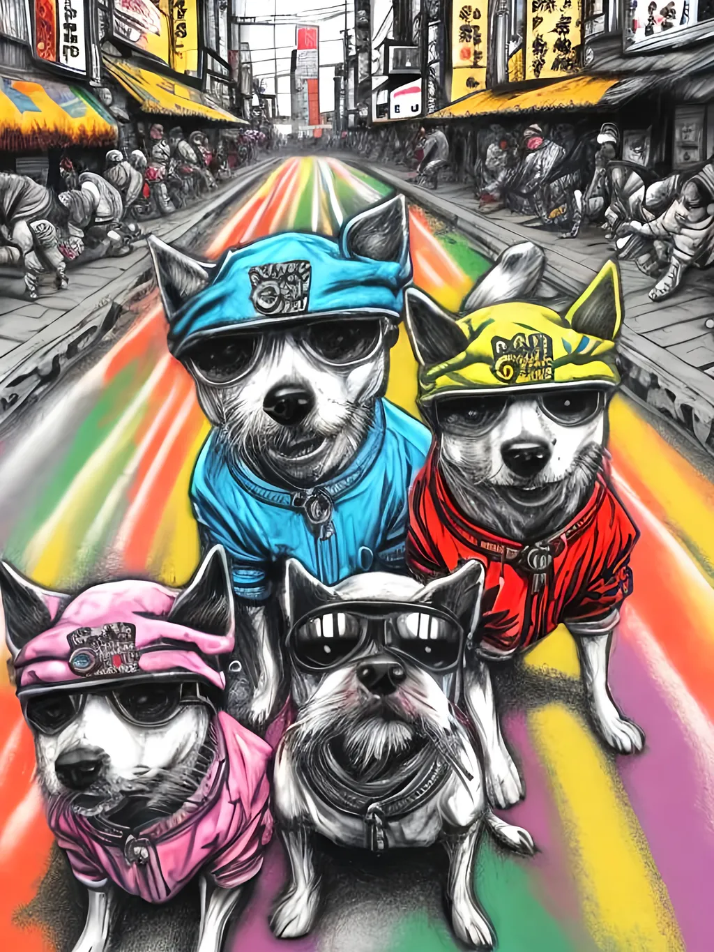 Prompt: pop art chalk pastel art of detailed dogs wearing gangster clothes playing in the streets in japan during a festival, sketch, detailed background, highres, fun atmosphere, natural lighting,  abstract, fun