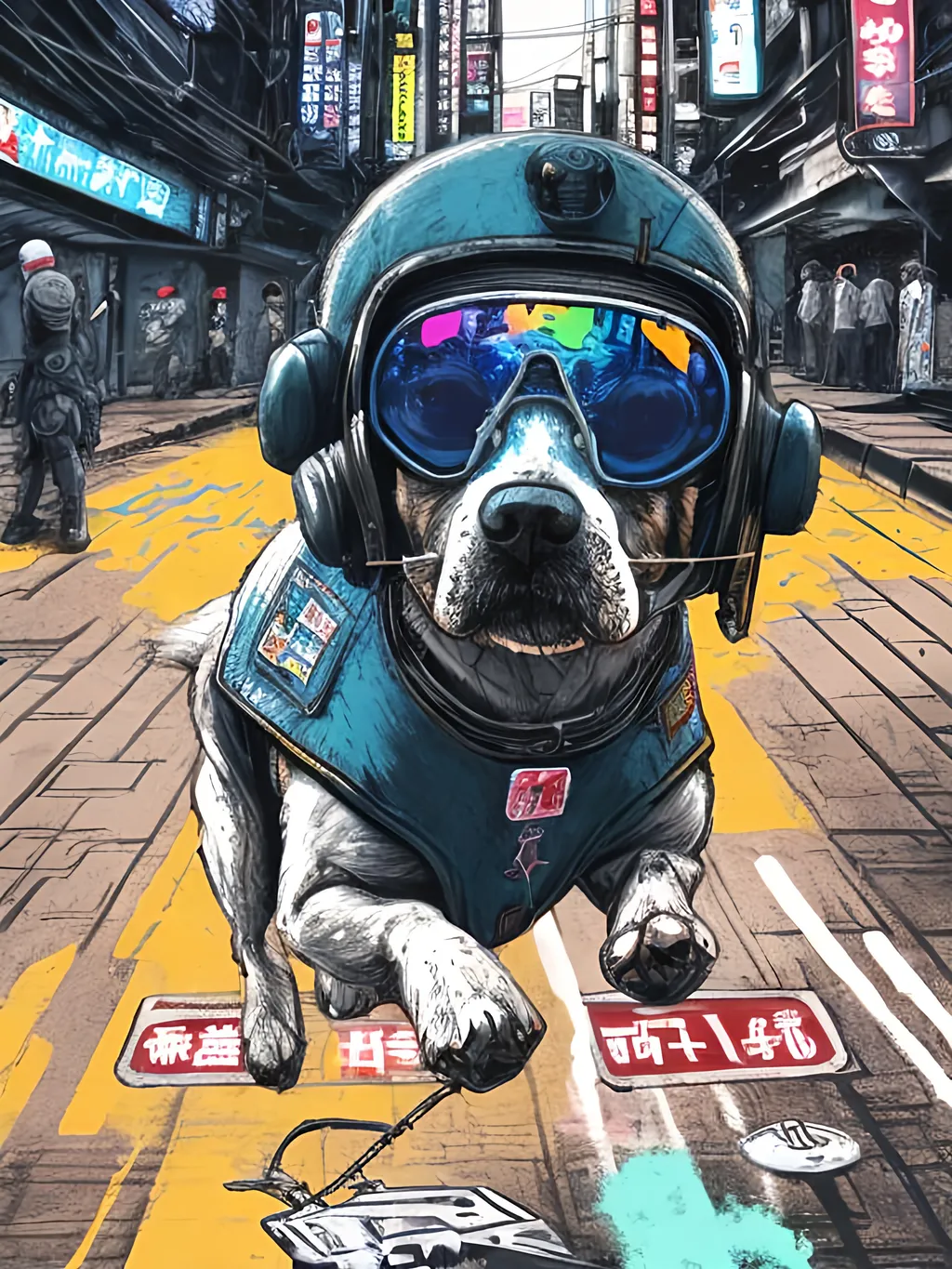 Prompt: pop art chalk pastel art of a detailed dog wearing a pilot uniform playing in the streets in cyberpunk japan during a festival, sketch, detailed background, highres, fun atmosphere, natural lighting,  abstract, fun