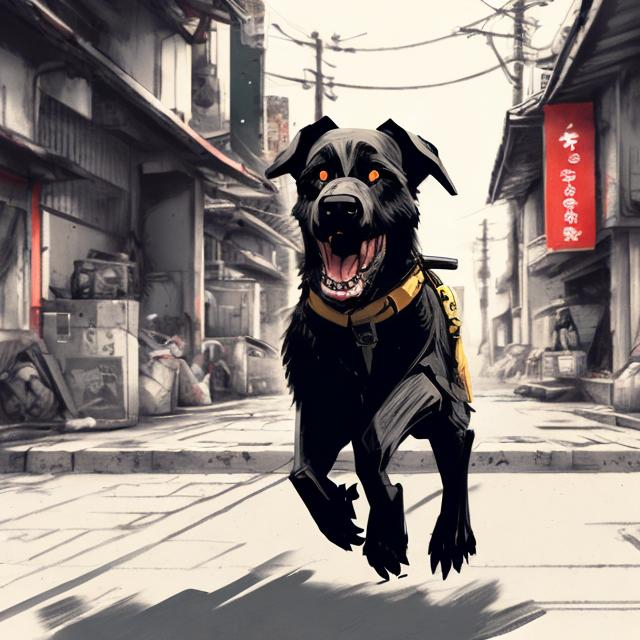 Prompt: sketch art of a black dog wearing soldier clothes chasing a chicken in the streets in japan, sketch, detailed background, highres, fun atmosphere, natural lighting, pastel colors, abstract, fun