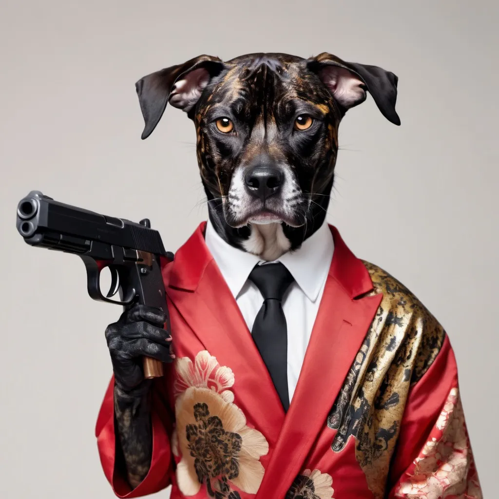 Prompt: black mountain cur dog dressed as yakuza holding a gun