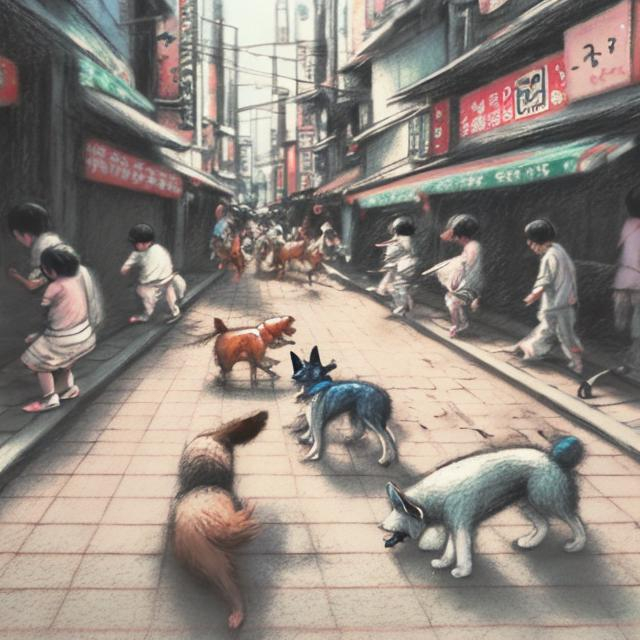 Prompt: etchy chalk pastel art of dogs playing in the streets in japan, sketch, detailed background, highres, fun atmosphere, natural lighting, pastel colors, abstract, fun