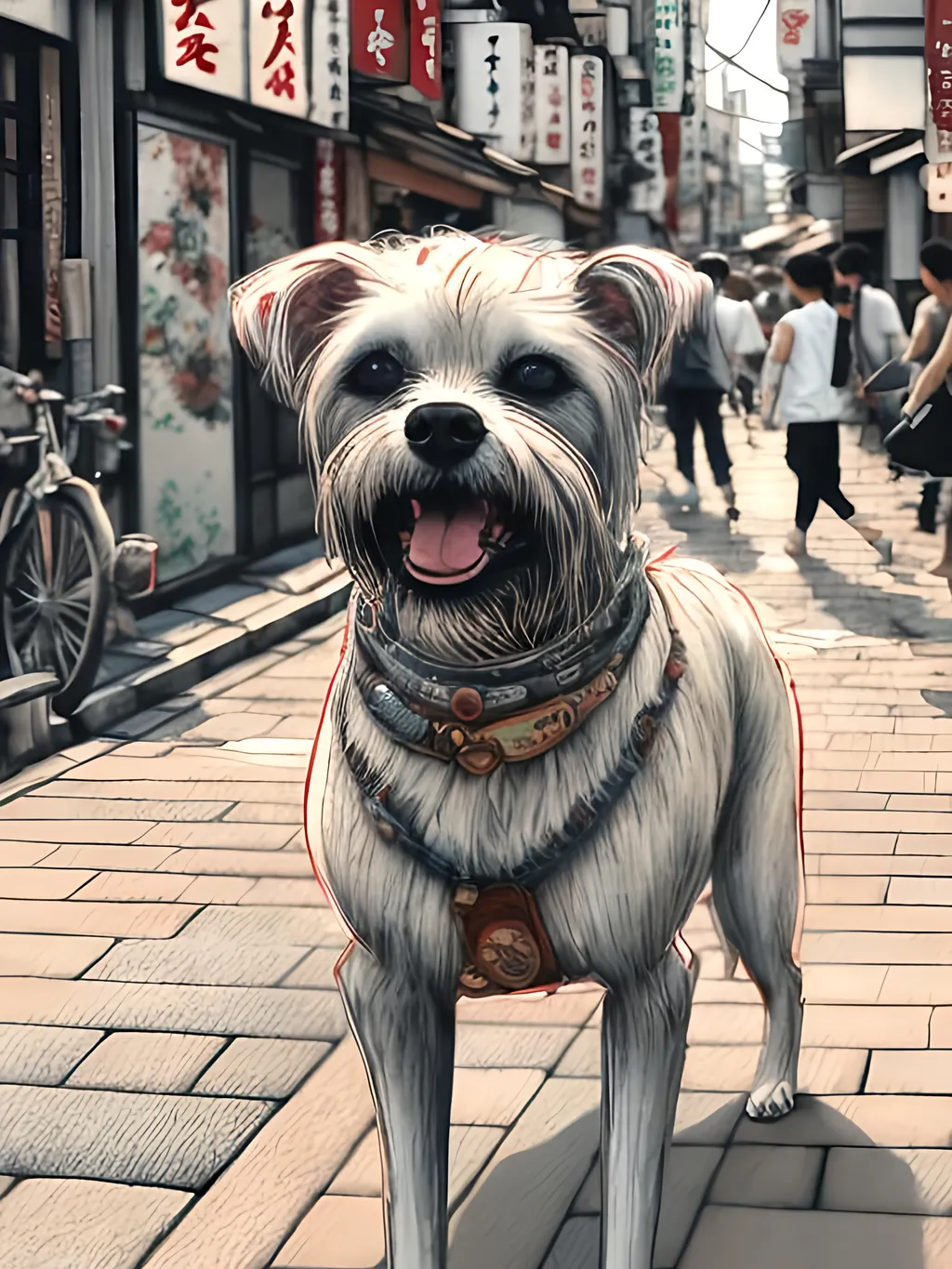 Prompt: chalk pastel style of a detailed dog in the streets in japan during a festival, sketch, detailed background, highres, fun atmosphere, natural lighting,  abstract, fun