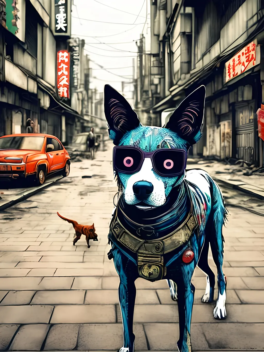 Prompt: pop art chalk pastel style of a detailed dog in the streets in post-apocalyptic japan during a festival, sketch, detailed background, highres, fun atmosphere, natural lighting,  abstract, fun