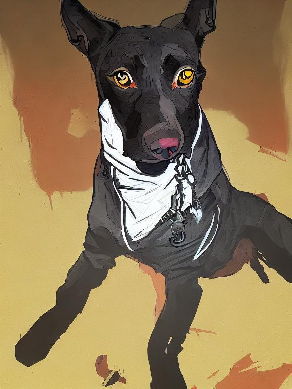 Prompt: mountain cur black dog in clothes gangster abstract art