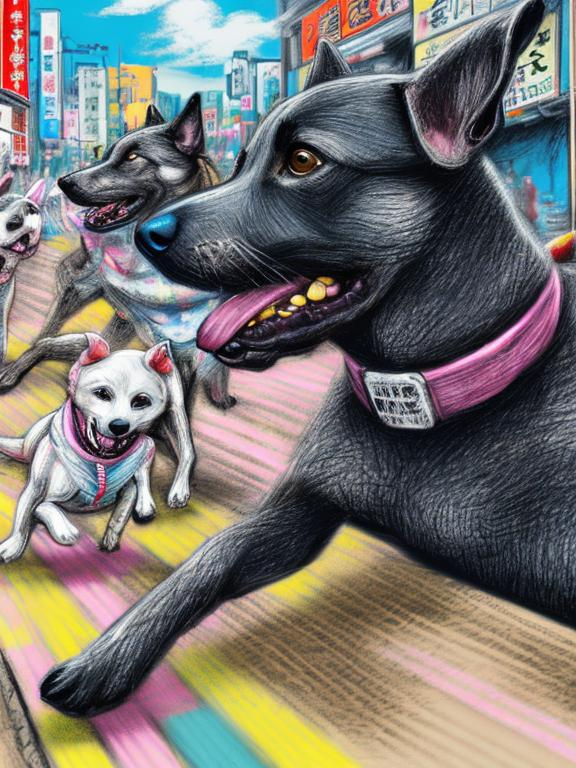 Prompt: pop art chalk pastel art of detailed dogs wearing clothes playing in the streets in japan during a festival, sketch, detailed background, highres, fun atmosphere, natural lighting,  abstract, fun