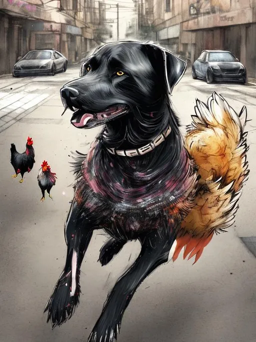 Prompt: a black dog wearing clothes chasing a chicken in the streets, sketch, detailed background, highres, fun atmosphere, natural lighting, pastel colors, abstract, fun