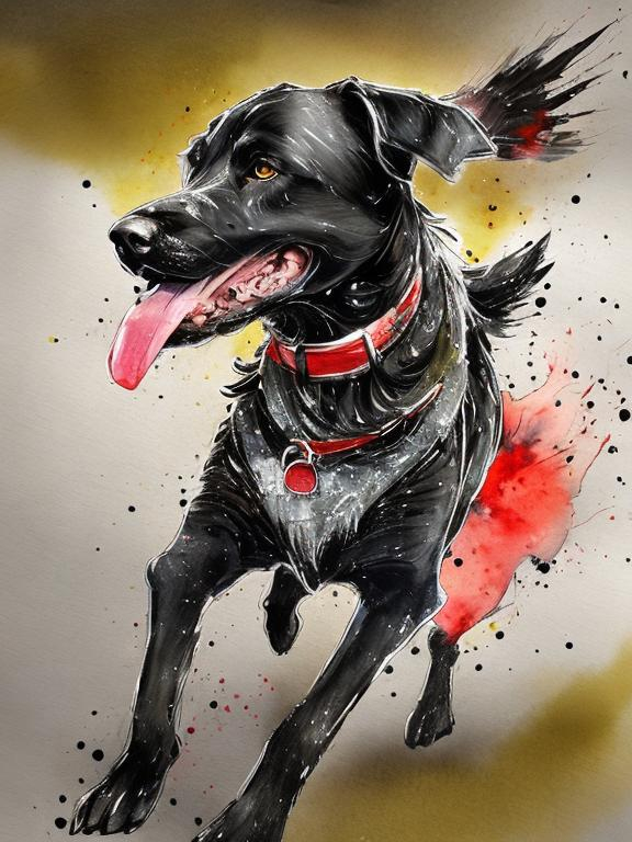 Prompt: a black dog wearing clothes chasing a chicken in the streets, same style as image, water color, sketch, detailed, highres