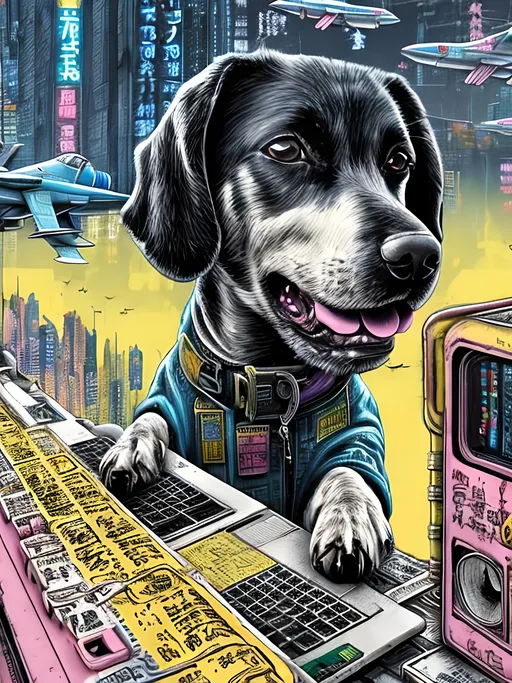 Prompt: pop art chalk pastel art of a detailed dog hacking a computer on the subway train in cyberpunk japan with planes in the background, sketch, detailed background, highres, fun atmosphere, natural lighting,  abstract, fun