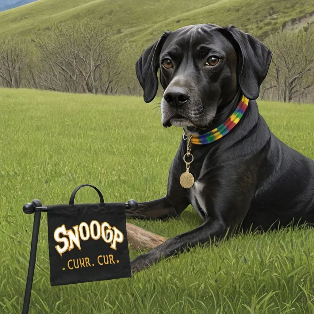 Prompt: Mountain cur black dog dressed like snoop dog art