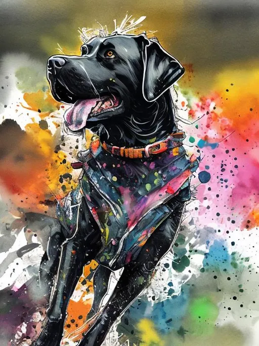 Prompt: a black dog wearing clothes having fun in the streets, water color, sketch, detailed background, highres, fun atmosphere, natural lighting