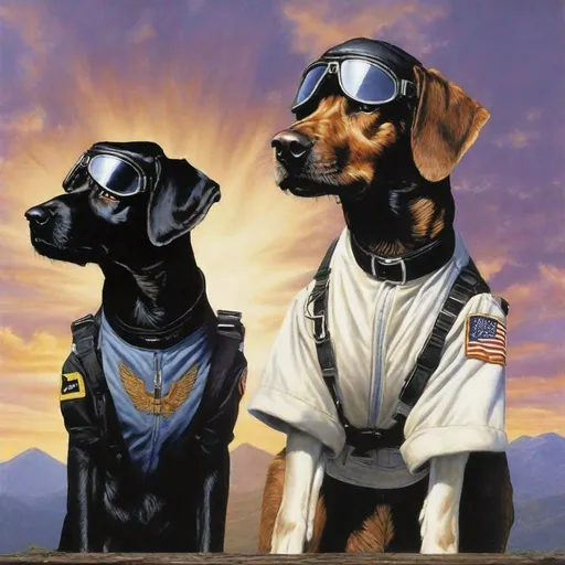 Prompt: mountain cur black dogs in pilots uniform 90s poster art