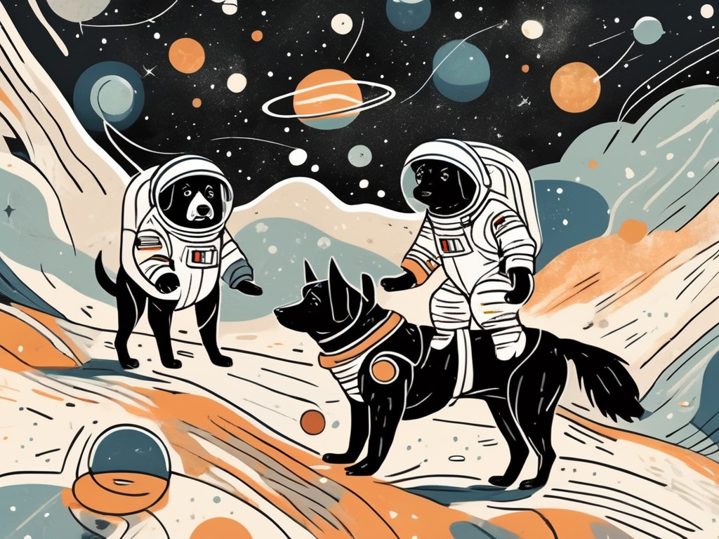 Prompt: abstract style art of black dogs in space in astronaut outfits