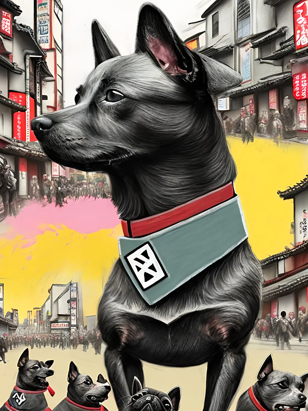 Prompt: pop art chalk pastel art of detailed dogs wearing nazi uniforms playing in the streets in japan during a festival, sketch, detailed background, highres, fun atmosphere, natural lighting,  abstract, fun