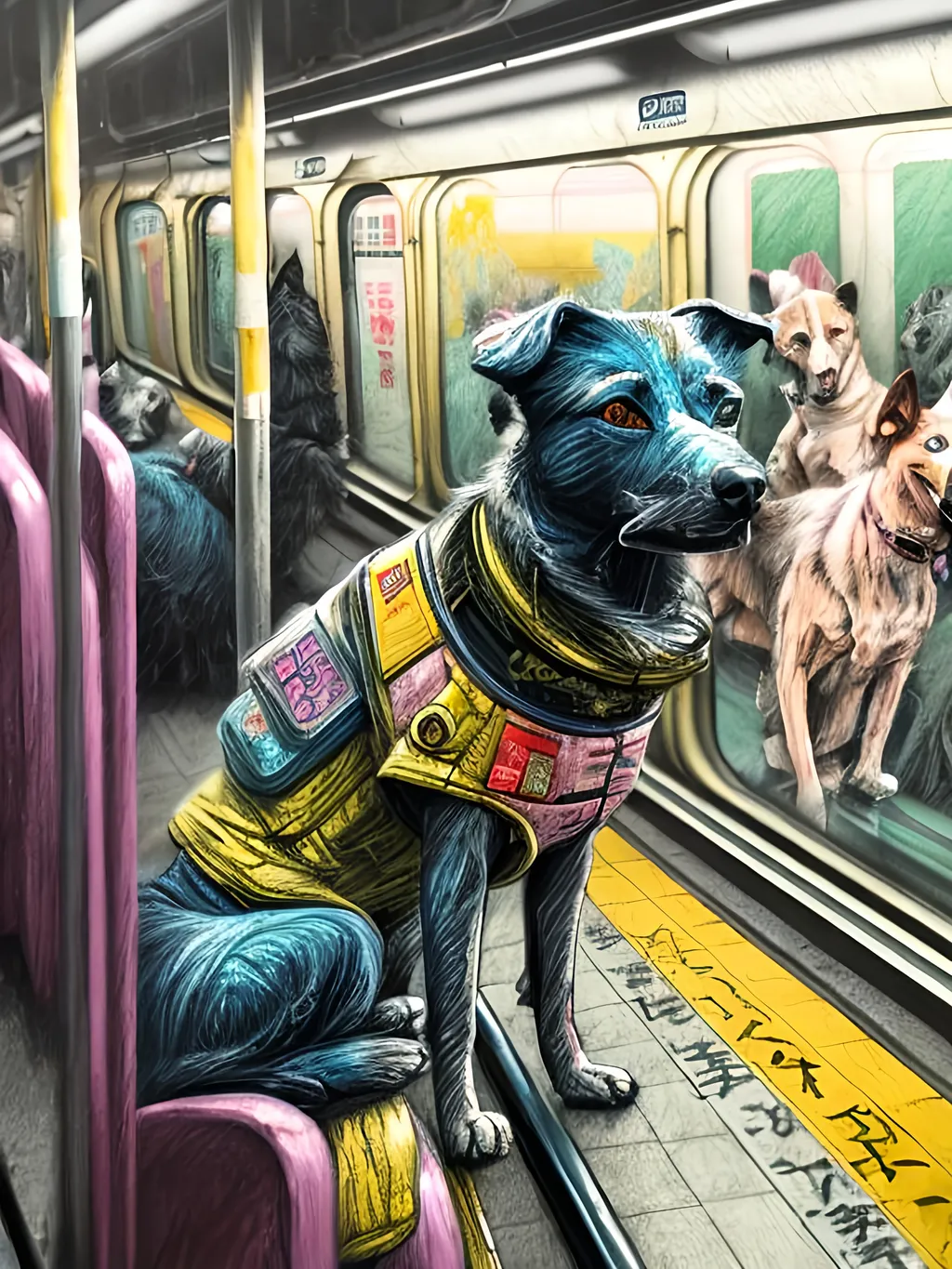 Prompt: pop art chalk pastel art of detailed dog on a train in cyberpunk japan during a festival, sketch, detailed background, highres, fun atmosphere, natural lighting,  abstract, fun