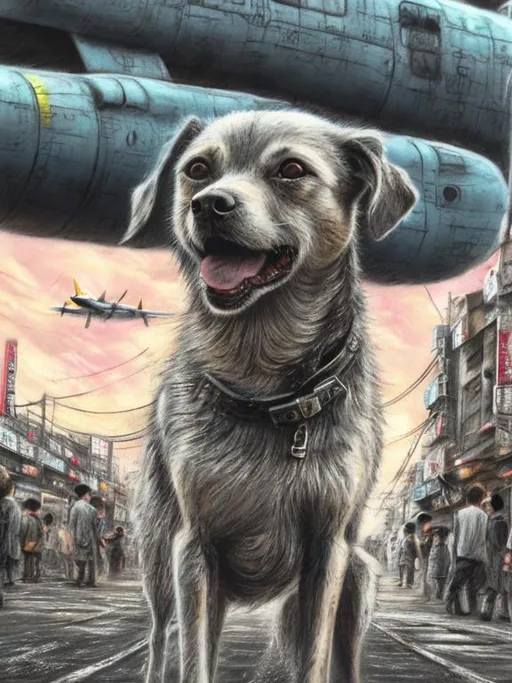 Prompt: chalk pastel art of a detailed dog on the streets in post-apocalyptic Japan during a festival with planes in the background, sketch, detailed background, highres, fun atmosphere, natural lighting,  abstract, fun