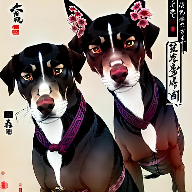 Prompt: black mountain cur dogs in hiroshige wearing yakuza clothes