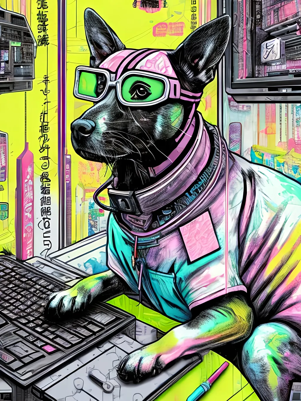 Prompt: pop art chalk pastel art of detailed dog hacking computers in cyberpunk japan, sketch, detailed background, highres, fun atmosphere, natural lighting,  abstract, fun