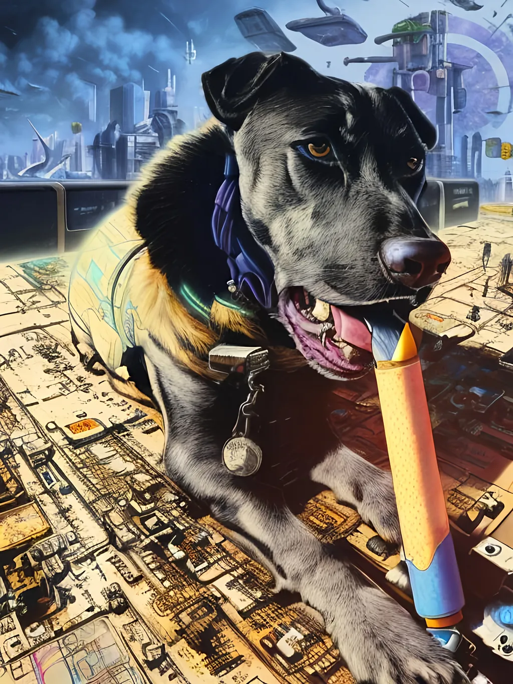 Prompt: pop art chalk pastel art of a detailed dog hacking a computer on the subway train in cyberpunk japan with planes in the background, sketch, detailed background, highres, fun atmosphere, natural lighting,  abstract, fun