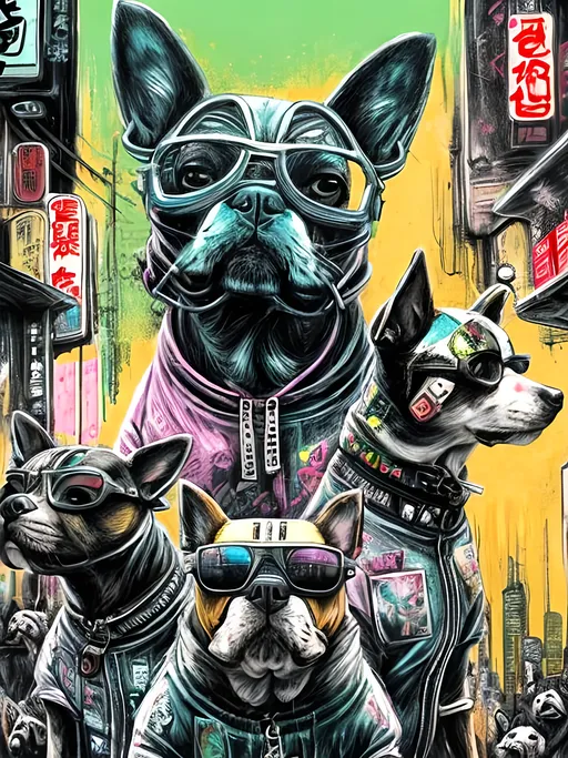 Prompt: pop art chalk pastel art of detailed dogs wearing gangster clothes playing in the streets in cyberpunk japan during a festival, sketch, detailed background, highres, fun atmosphere, natural lighting,  abstract, fun