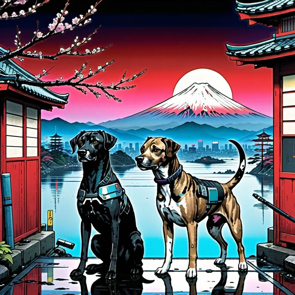 Prompt: black mountain cur dogs in cyberpunk hiroshige