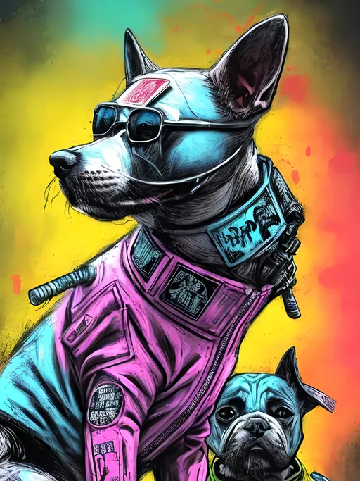 Prompt: pop art chalk pastel art of detailed dogs wearing gangster clothes playing in the streets in cyberpunk japan during a festival, sketch, detailed background, highres, fun atmosphere, natural lighting,  abstract, fun