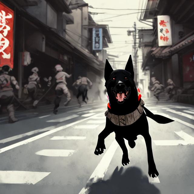Prompt: art of a black dog wearing soldier clothes chasing a chicken in the streets in japan, sketch, detailed background, highres, fun atmosphere, natural lighting, pastel colors, abstract, fun