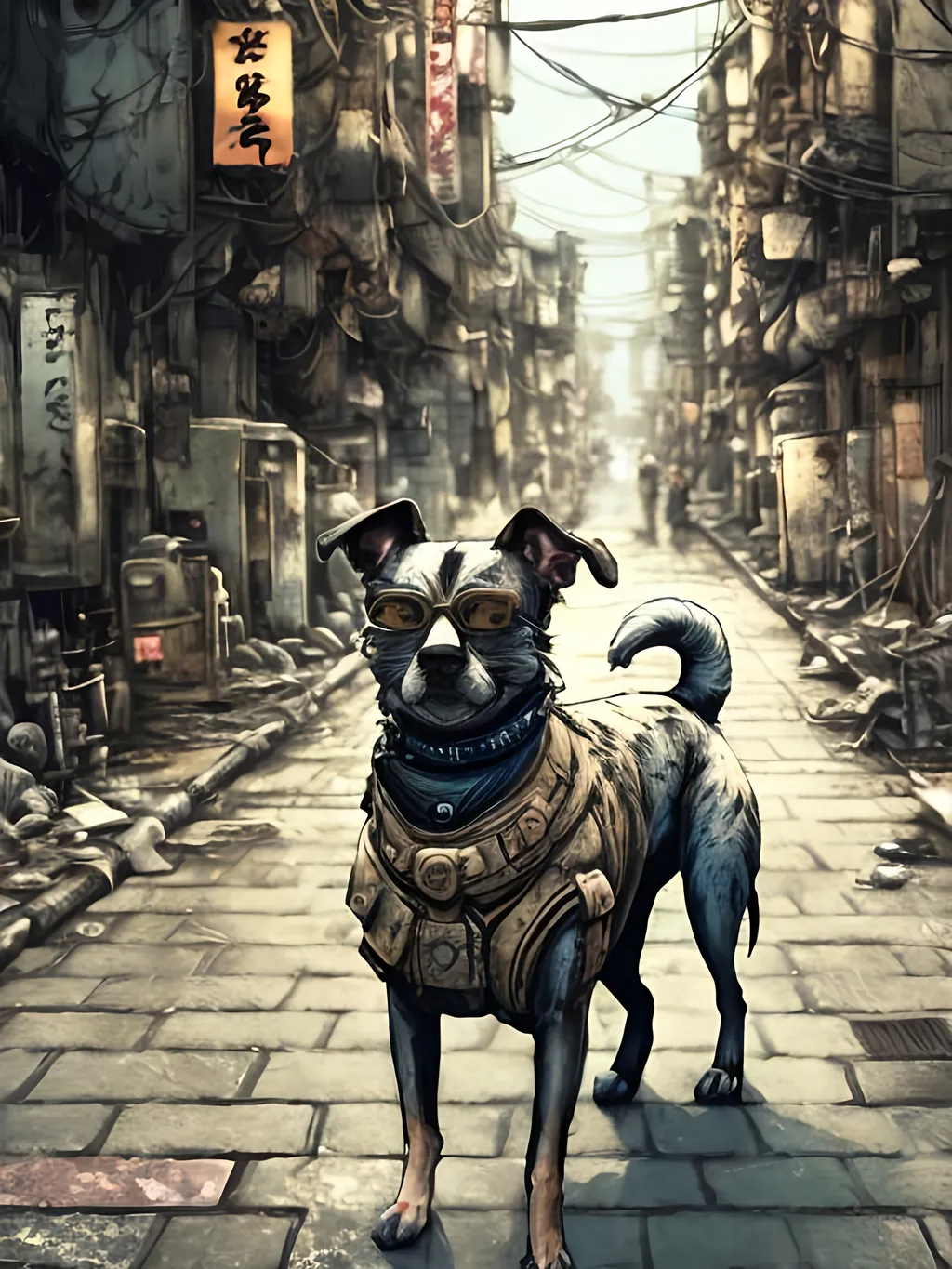 Prompt: chalk pastel style of a detailed dog in the streets in post-apocalyptic japan during a festival, sketch, detailed background, highres, fun atmosphere, natural lighting,  abstract, fun