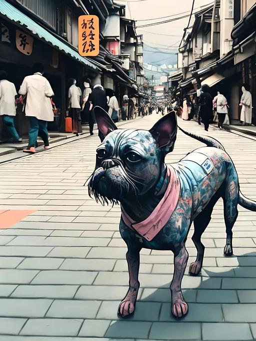 Prompt: chalk pastel style of a detailed dog in the streets in japan during a festival, sketch, detailed background, highres, fun atmosphere, natural lighting,  abstract, fun