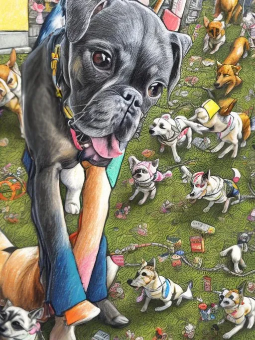 Prompt: pop art chalk pastel art of detailed dogs wearing clothes playing in the streets in japan during a festival, sketch, detailed background, highres, fun atmosphere, natural lighting,  abstract, fun