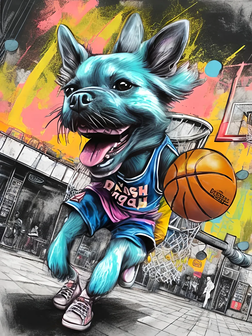 Prompt: pop art chalk pastel art of detailed dog playing basket ball game in cyberpunk japan, sketch, detailed background, highres, fun atmosphere, natural lighting,  abstract, fun