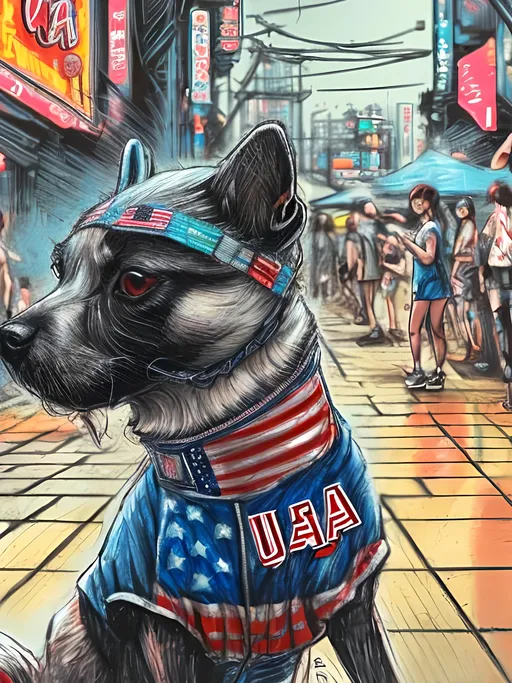 Prompt: pop art chalk pastel art of detailed dog wearing USA clothes playing in the streets in cyberpunk japan during a festival, sketch, detailed background, highres, fun atmosphere, natural lighting,  abstract, fun